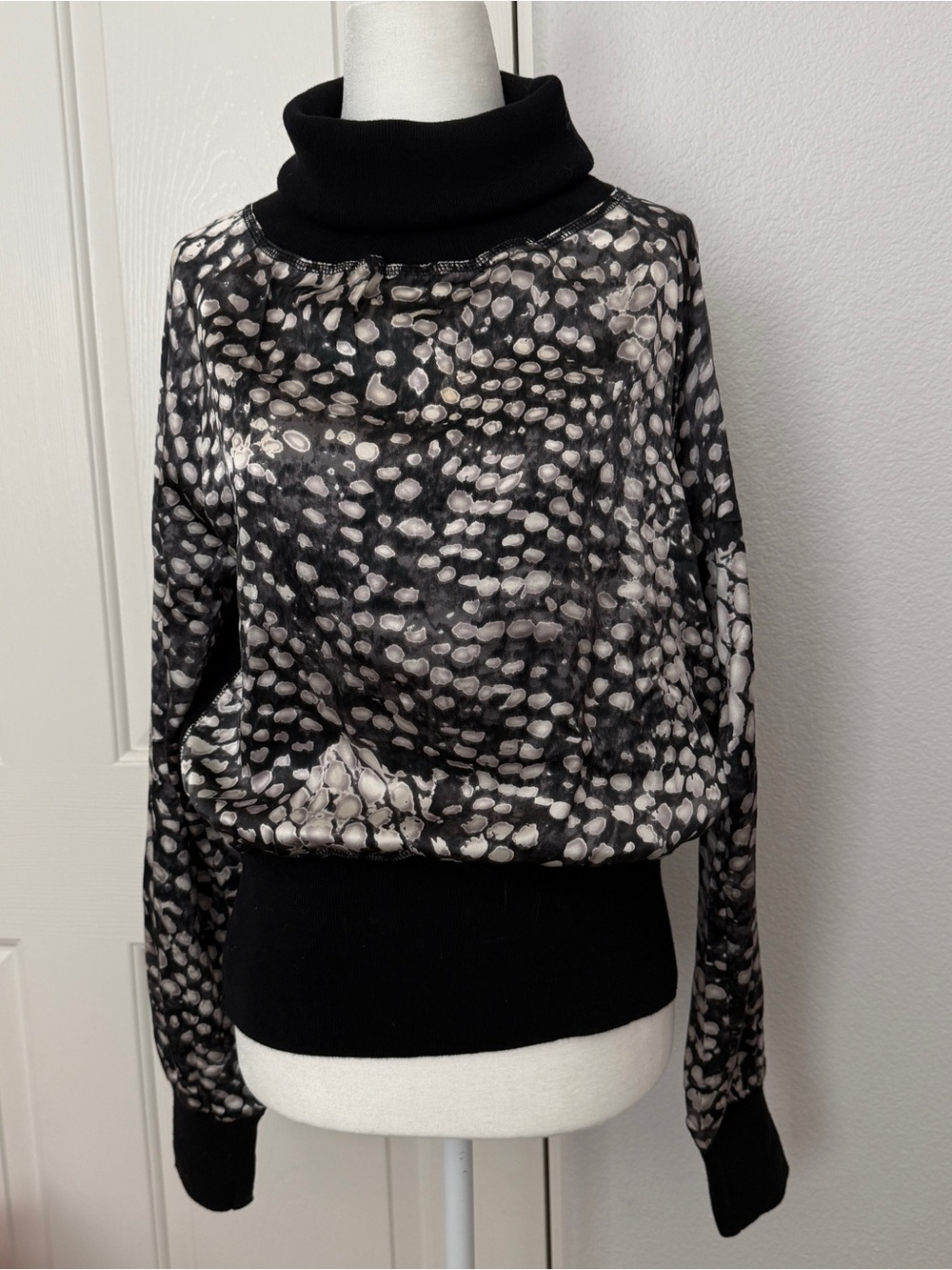 Black and White Printed Turtleneck Silk Blouse